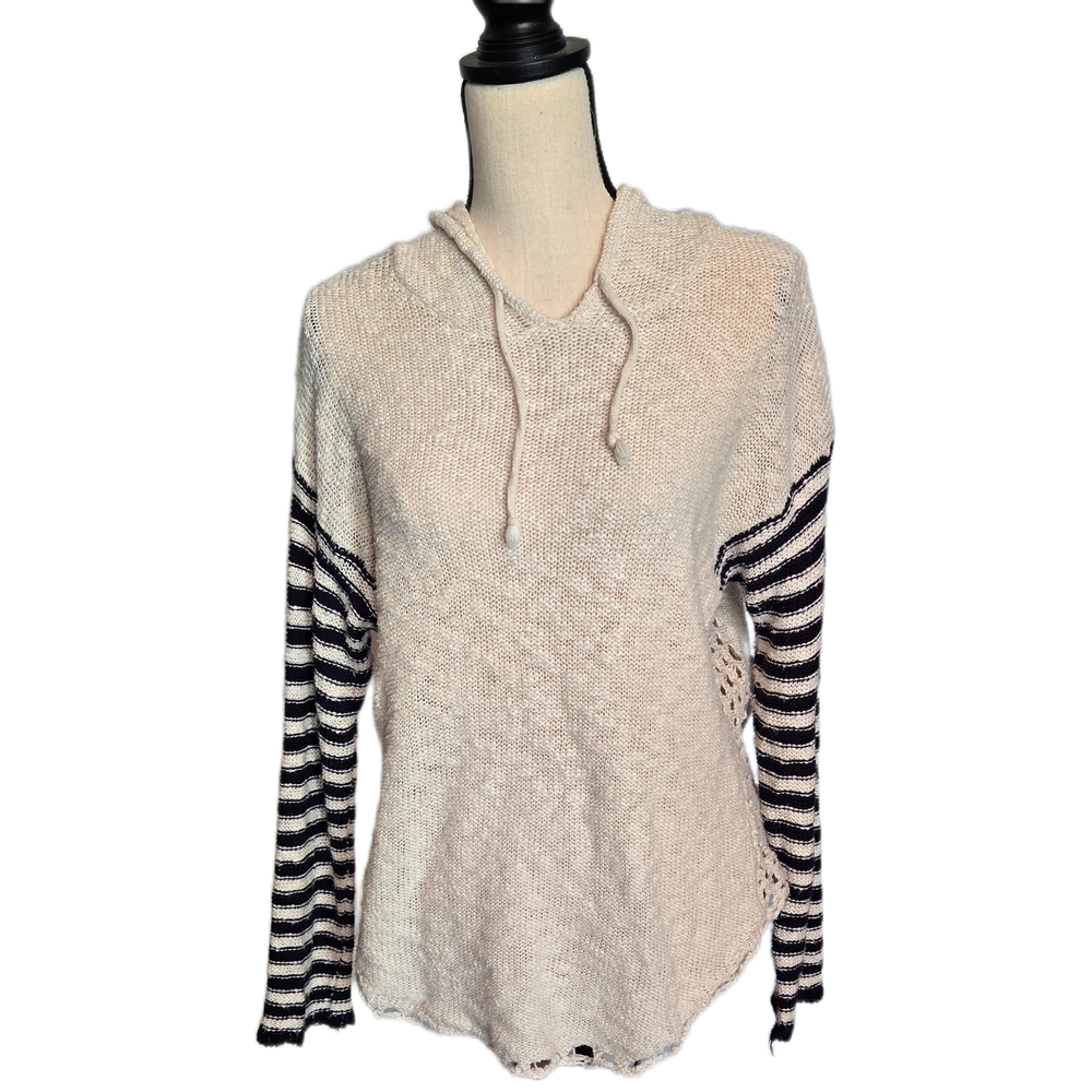 Vintage Havana Beachy Open Knit Striped Sleeve Knit Hoodie Large Nautical